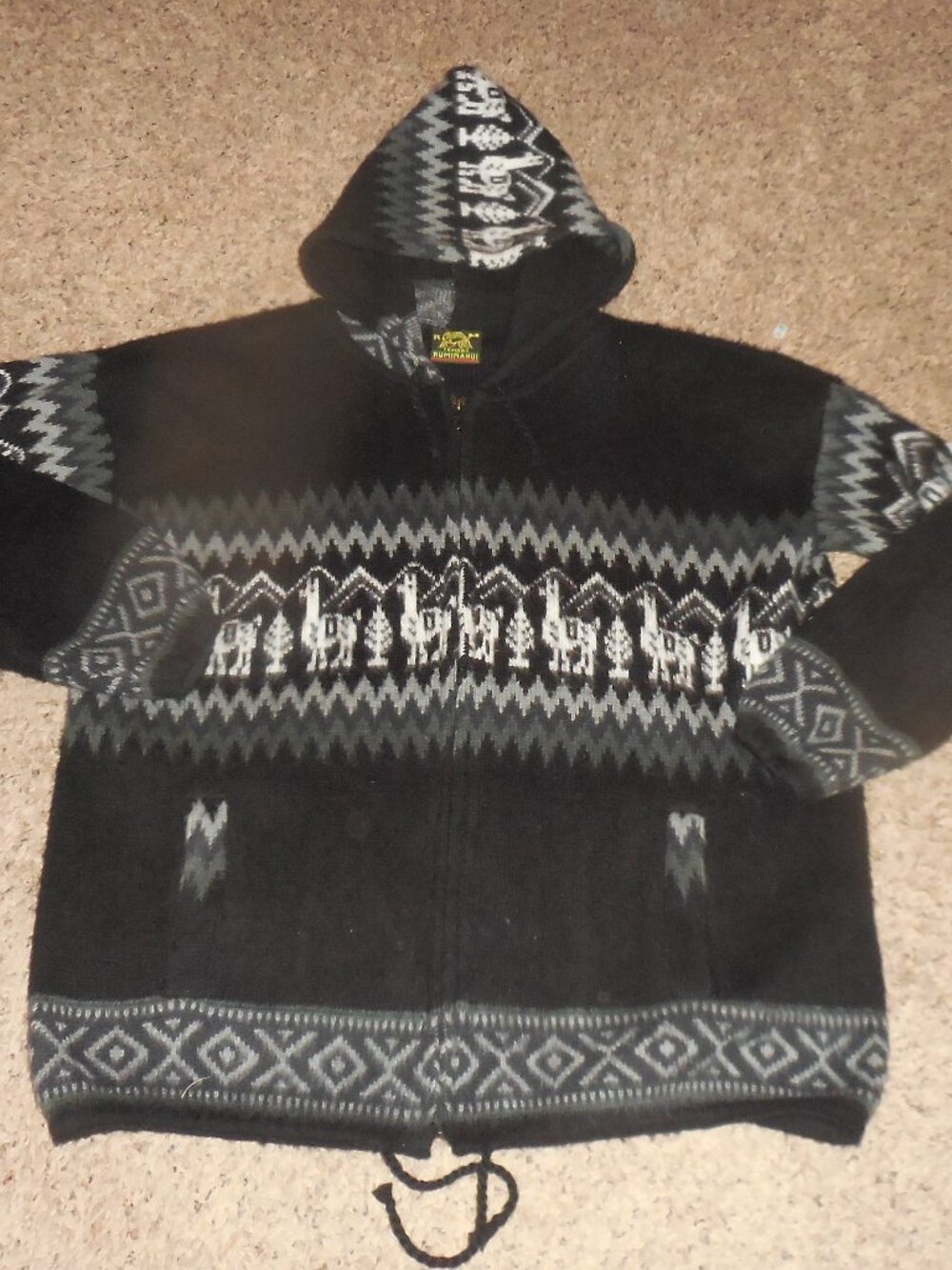 Vintage Tejidos Ruminahui Wool Alpaca Button Hooded Sweater Jacket L XL